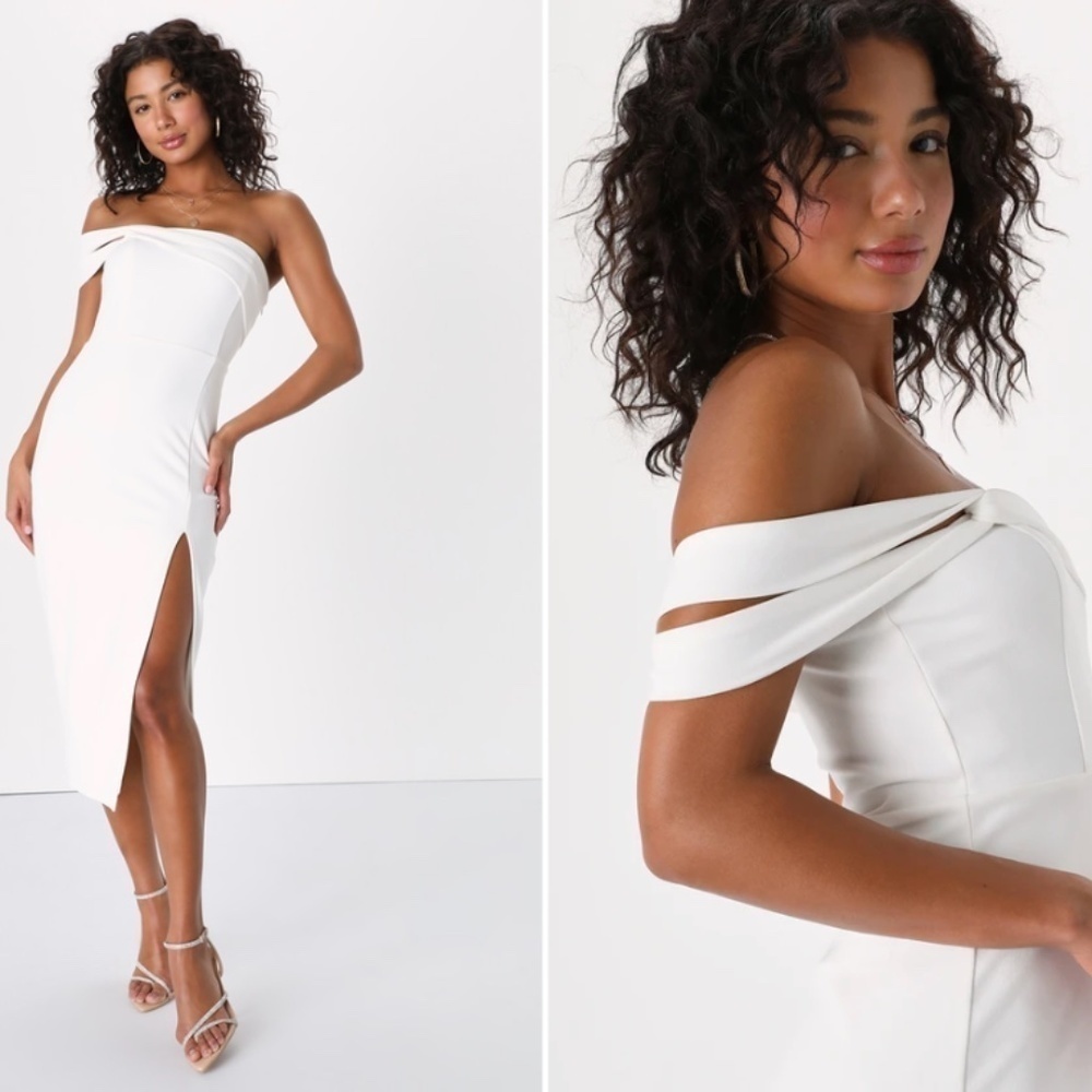 LULU's Bridal Chic Modern Sexy Minimalist Off the Shoulder Midi Dress NWOT